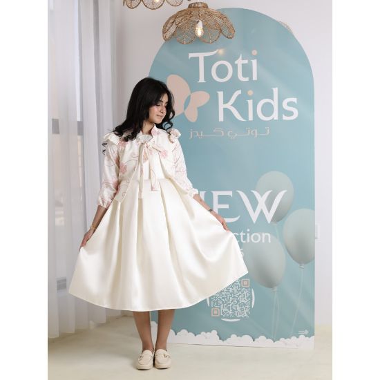 صورة طقم فستان بناتي مع جاكيت بوليرو | تصميم مورد وربطة عنق - 1045